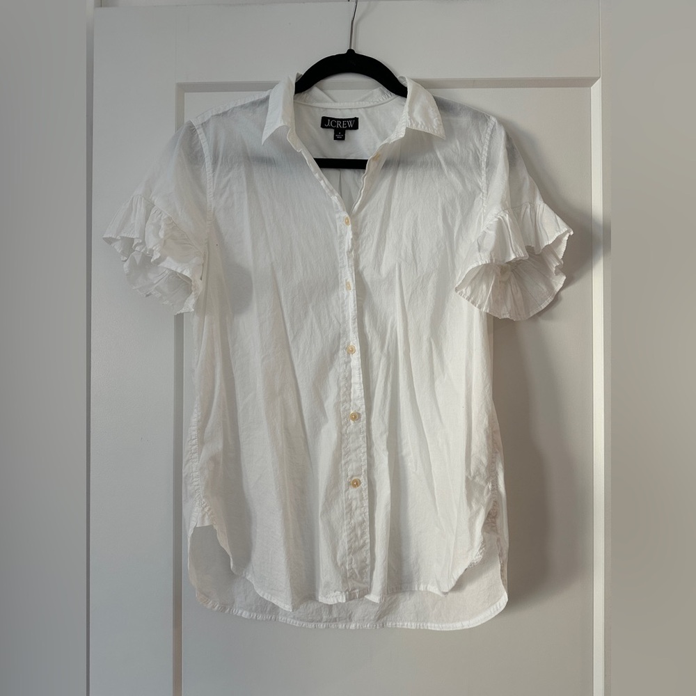 J. Crew Women's White Button Down Shirt with Ruffle Sleeves